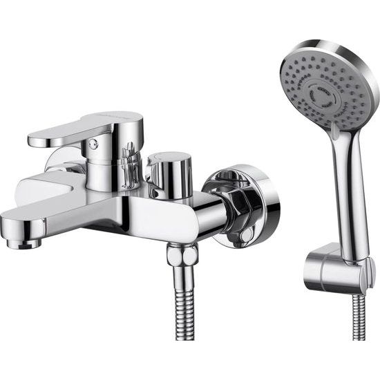 Badmengkraan met 3 straalsoorten handdouche, eengreeps badkraan met slang en wandmontage, badmengkraan doucheset voor badkamer (chroom)