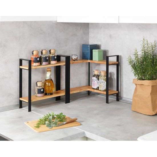 Lou Kitchen Shelf, Elegant Metal Kitchen Worktop Shelf with Bamboo Boards, Two Tiers for More Storage Space in the Kitchen, 32 x 33 x 11 cm, Black/Tan