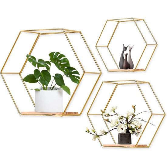 Set van 3 zeshoekige wandplanken, hangrek, metaal en hout, zwevende planken, wandopslag, organizer voor keukenrek, badkamer, slaapkamer, wanddecoratie (goud)