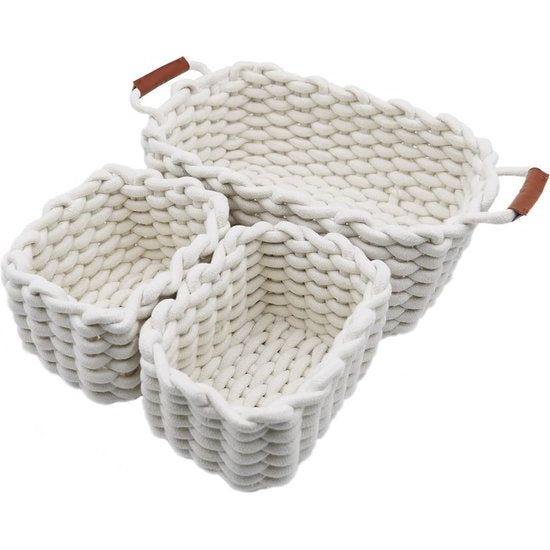 Opbergmand, katoen, gebreide mand, decoratief, natuurlijk, rechthoekig, waterdichte opbergdozen, organisatoren voor babykamer, slaapkamer, woonkamer, wit, verpakking van 3 stuks