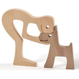 Familie Puppy Kat Houtsnijwerk Ornamenten, Natuurlijk Massief Hout Schattige Puppy, Kitten en Mensen Ambachten Standbeeld Sculptuur Ornament Home Decor (Mannen Kiss Puppy)