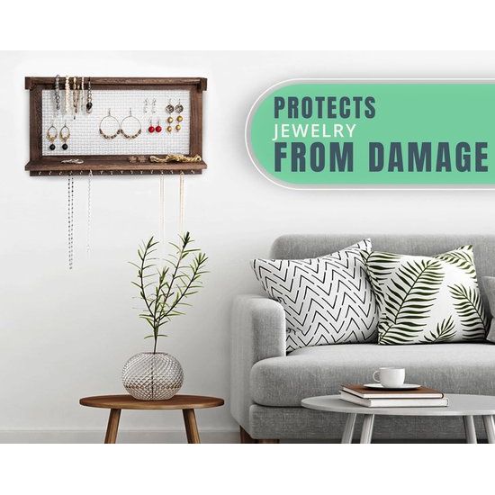 Boho Chic Jewellery Organiser Wall Mount with Detachable Bracelet Bar, 1 Shelf and 16 Hooks - Perfect Storage for Earrings, Necklaces and Bracelets - Jewellery Display