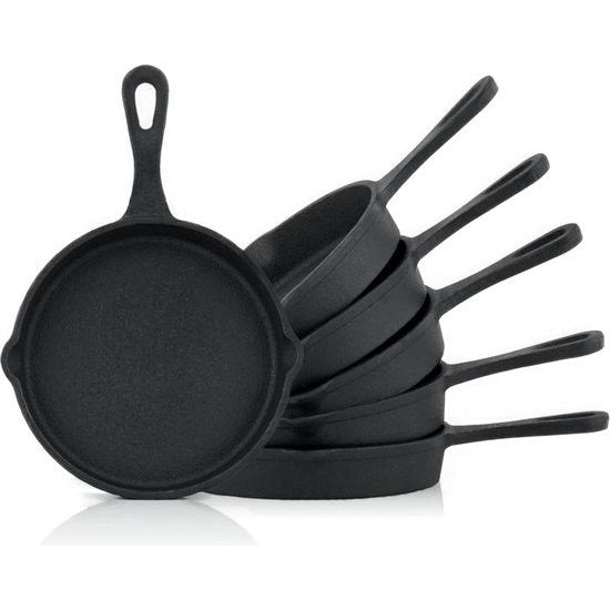 Gietijzeren grillpannetjes (set van 6) 12,5 cm | reeds ingebrand - preseasoned | gietijzeren grillpannen, pannetjes, serveerpan, grillpan, gietijzeren pan, incl. 2 schenktuiten aan de rand