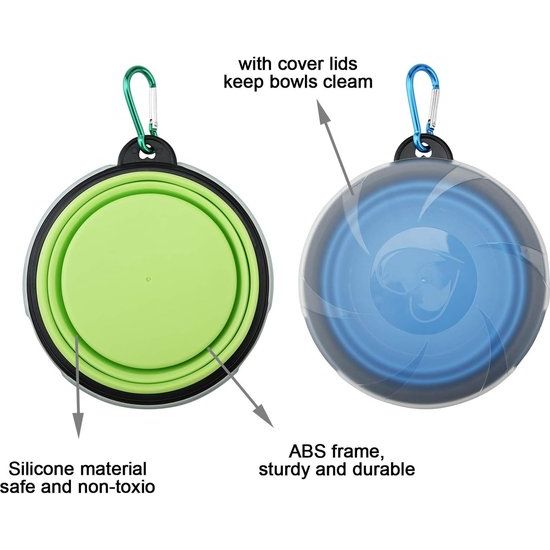 Set van 2 opvouwbare hondenbakken, reisbak voor huisdieren met deksel en haak, draagbare siliconen voerbak, hondenbak voor reizen, wandelingen, kennel, kamperen (450 ml, blauw en groen)