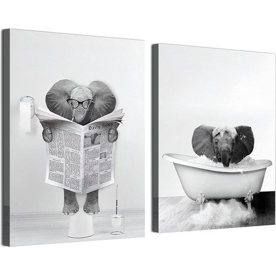 Dier in de badkuip canvas foto's, zwart wit hoogland koe olifant badkamer poster moderne woonkamer slaapkamer woondecoratie zonder frame
