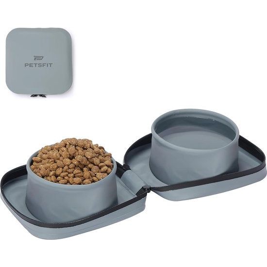 Opvouwbare hondenbak, set van 2, reisbak, hond, draagbare voederbakken met reisetui voor voer en water, 100% voedselveilige siliconen, BPA-vrij
