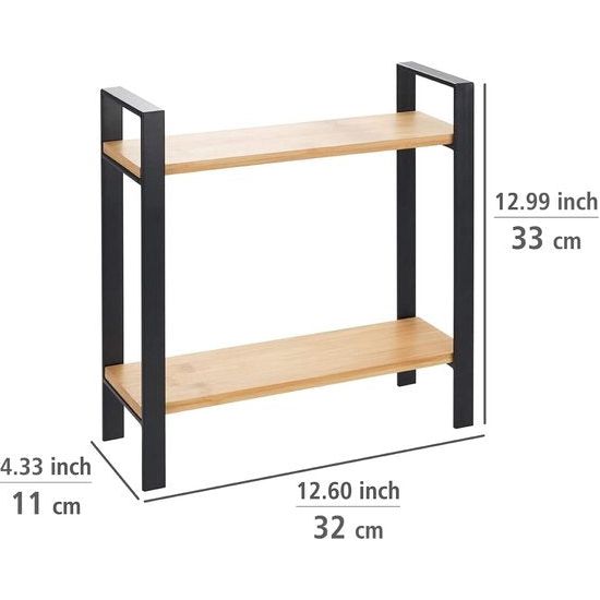 Lou Kitchen Shelf, Elegant Metal Kitchen Worktop Shelf with Bamboo Boards, Two Tiers for More Storage Space in the Kitchen, 32 x 33 x 11 cm, Black/Tan