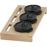 Mini Dutch Oven Set met houten onderlegger, 3 x 11 cm, gietijzeren set van 3 serveerpotten, reeds ingebrand, preseasoned, kookpan, kleine braadpan, gietijzeren pan