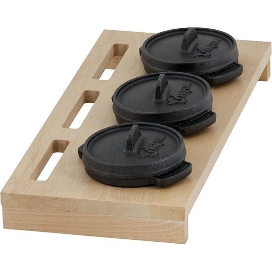 Mini Dutch Oven Set met houten onderlegger, 3 x 11 cm, gietijzeren set van 3 serveerpotten, reeds ingebrand, preseasoned, kookpan, kleine braadpan, gietijzeren pan