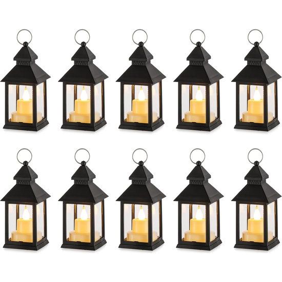 Kleine lantaarn Halloween decoratie: 10 stuks flikkerende led-theelicht kaarsen mini lantaarns set zwart hangend buiten binnen met Marokkaanse tuin Kerstmis tafel woonkamer buiten ramadan