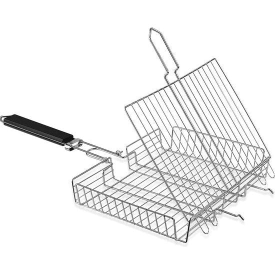 Barbecuemand, groot, draagbare, grillmand van beveiliging, vis-grillmand, inklapbaar, draagbare met afneembare handgreep, 64.5 x 31 x 5.5 cm, free opbergtas