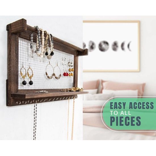 Boho Chic Jewellery Organiser Wall Mount with Detachable Bracelet Bar, 1 Shelf and 16 Hooks - Perfect Storage for Earrings, Necklaces and Bracelets - Jewellery Display