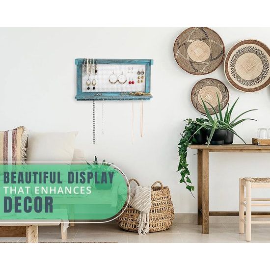 Boho-Chic Organizer voor sieraden, wandrek met afneembare armbandstang, met 16 haken, perfecte opslag voor oorringen, halskettingen en armbanden, sieradendisplay