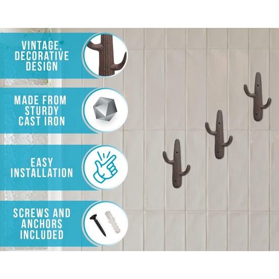 Set van 3 - Gietijzeren Cactus Dubbele Muurhaken/beugels - Decoratieve muurhaken voor jassen, tassen, handdoeken en meer - met schroeven en ankers - Kleur Rustiek Bruin