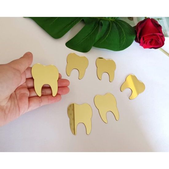 50 stuks DIY tandvorm wandspiegel stickers, tandverzorging gespiegeld tandheelkundige stickers voor tandarts, kliniek, feest, decoratie (5 cm, gouden spiegel)