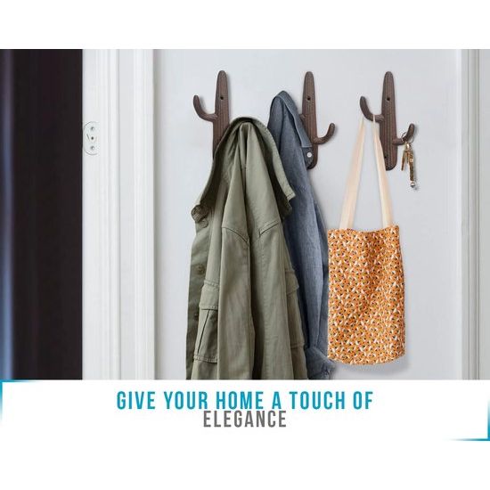 Set van 3 - Gietijzeren Cactus Dubbele Muurhaken/beugels - Decoratieve muurhaken voor jassen, tassen, handdoeken en meer - met schroeven en ankers - Kleur Rustiek Bruin