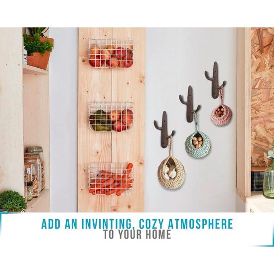 Set van 3 - Gietijzeren Cactus Dubbele Muurhaken/beugels - Decoratieve muurhaken voor jassen, tassen, handdoeken en meer - met schroeven en ankers - Kleur Rustiek Bruin