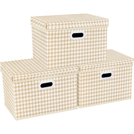 Opvouwbare opbergdozen met deksel, groot, opbergdozen met deksel, stoffen opbergdozen voor kasten, speelgoed, organisatie van huis en kantoor, 3-delig, beige