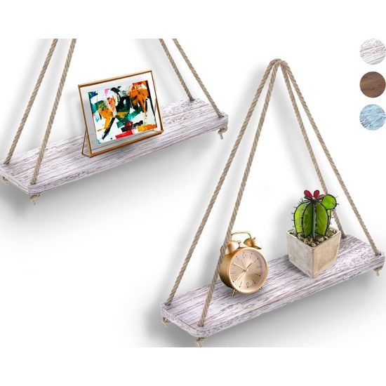 Rustieke Set van 2 Houten Drijvende Planken met Koord Boerderij Hangende Planken voor Woonkamerwand Kleine Keukenplanken met Touw Distressed, Rustieke Witte Kleur