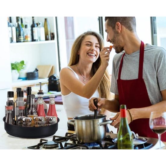 Lazy Susan keukenorganizer, draaitafelorganizer, 360 graden draaibare opbergcontainer voor voedsel, kruidenhouder van roestvrij staal, Lazy Susan (zwart/20 cm)