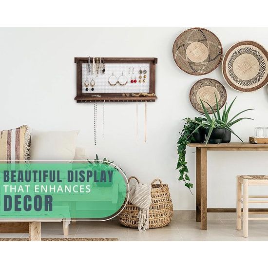 Boho Chic Jewellery Organiser Wall Mount with Detachable Bracelet Bar, 1 Shelf and 16 Hooks - Perfect Storage for Earrings, Necklaces and Bracelets - Jewellery Display