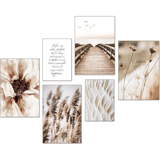 Moderne posterset – foto's woonkamer decoratie slaapkamer – Pampas Wild Reeds Beach Rose Beige fotowand zonder lijst (4 x A4 | 2 x A5) W16