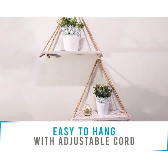 Rustieke Set van 2 Houten Drijvende Planken met Koord Boerderij Hangende Planken voor Woonkamerwand Kleine Keukenplanken met Touw Distressed, Rustieke Witte Kleur