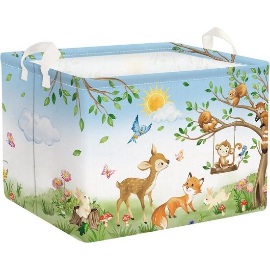 Bossen dier aap vossen herten kubus opbergmand wasbeer haas bloemen bomen waterdicht rechthoekige stof opbergmand kleding speelgoed opbergdoos, 40 x 30 x 30 cm