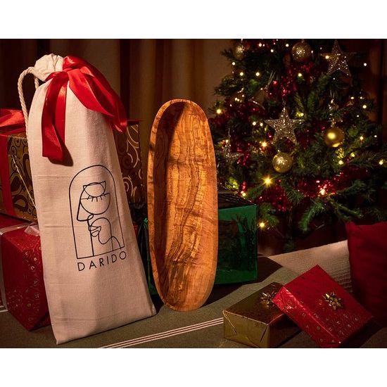 Fruitschaal van natuurlijk olijfhout, handgemaakt, 30 x 10 cm, olijfhouten kom voor het huishouden, 30 x 10 cm, houten schaal, decoratie, olijfhouten schaal voor fruit, brood en gebak, decoratieve schaal van hout