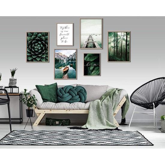 Moderne posterset, natuurfoto's, woonkamerdecoratie, slaapkamer, wanddecoratie zonder fotolijst, collageen, boshout, groen, 4x A3, 2x A4 - W8