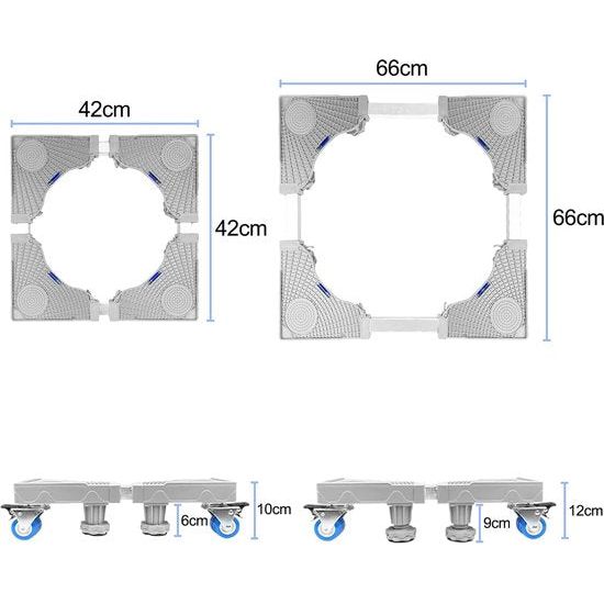 Onderstel voor wasmachines, verstelbare wasmachinesokkel met 8 poten en 4 wielen, wasmachinesokkel, berenbelasting 300 kg, platform voor koelkast, droger en vriezer