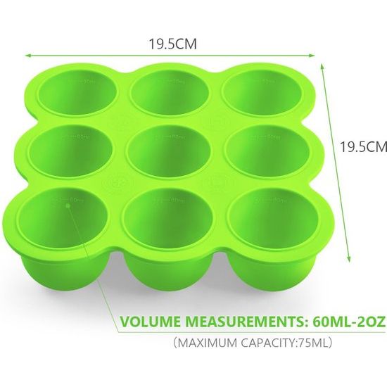 Opbergdoos voor babyvoeding, 9 vakken, met siliconen deksel, perfect voor zelfgemaakte babyvoeding, groenten, ijsblokjes, fruitpuree en moedermelk (groen)