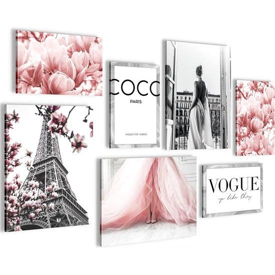 Fashion Coco - Compleet klaar om op te hangen - Grijs Roze Woonkamer Meisjes Tieners - 7 Moderne Mood-afbeeldingen - N002471a