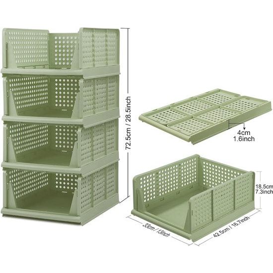 Set van 4 stapelbare opvouwbare opbergdozen voor kledingkast, kunststof kledingkast, kast, organizer, box, uittrekbaar als een lade, geschikt voor thuis, slaapkamer, keuken (groen)