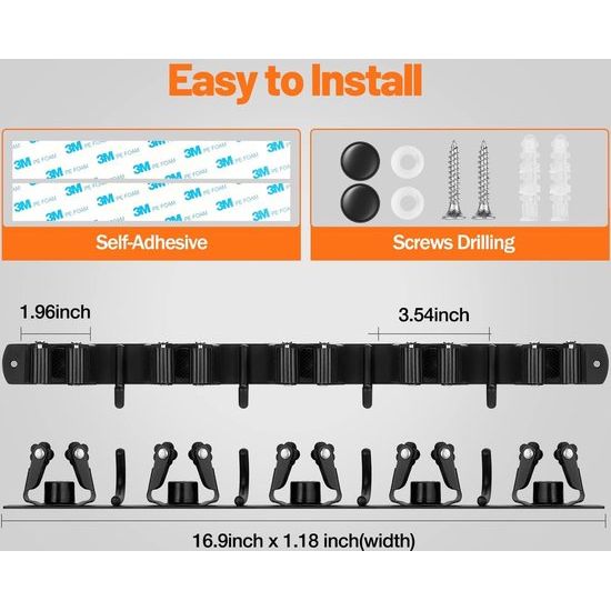 Bezemhouder Muur, Bezemhouder Apparaathouder Wandmontage Roestvrijstalen bezem Mophouder Zelfklevende gereedschapshouder Organizer met 5 houders en 4 haken voor huis, keuken, garage, tuin