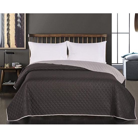DecoKing - Sprei, bedsprei, 200x220 cm - doorgestikte sprei, tweezijdig, reliëfpatroon, ruiten - zwart/zilver 200x220 cm