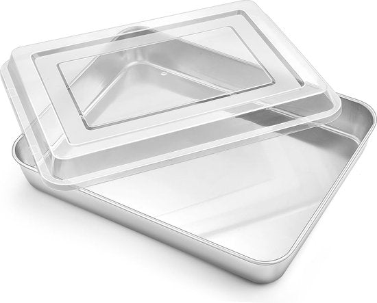 Bakplaat met deksel, roestvrij staal, kleine ovenschaal, rechthoekige diepe taartplaat voor bakken, braden, serveren, gezond, gemakkelijk te reinigen en vaatwasmachinebestendig, 26,5 x 20,5 x
