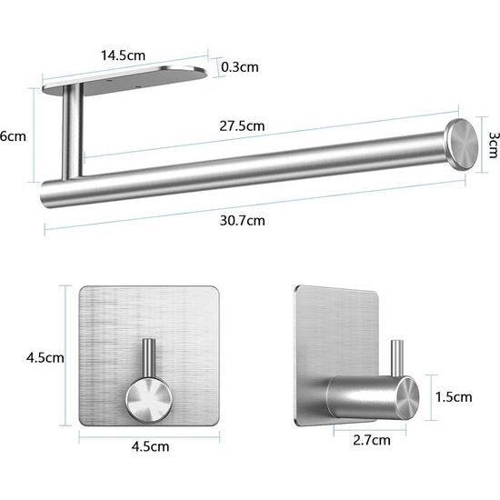keukenrolhouder zonder boren met 2 zelfklevende haken, RVS houder voor Zewa keukenrol, keukenrolhouder voor wand en onder keukenkasten (zilver)