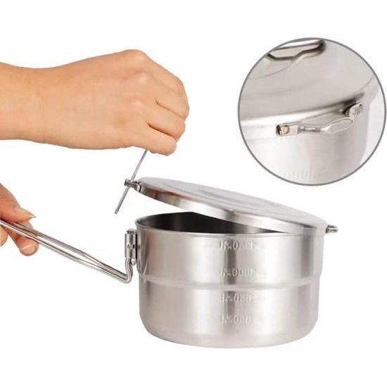 Roestvrijstalen camping kookgerei kookpot met deksel en opvouwbare handgreep - 1,5L grote capaciteit Bento Pot Camping Servies - Outdoor kookgerei voor kamperen, wandelen, picknick