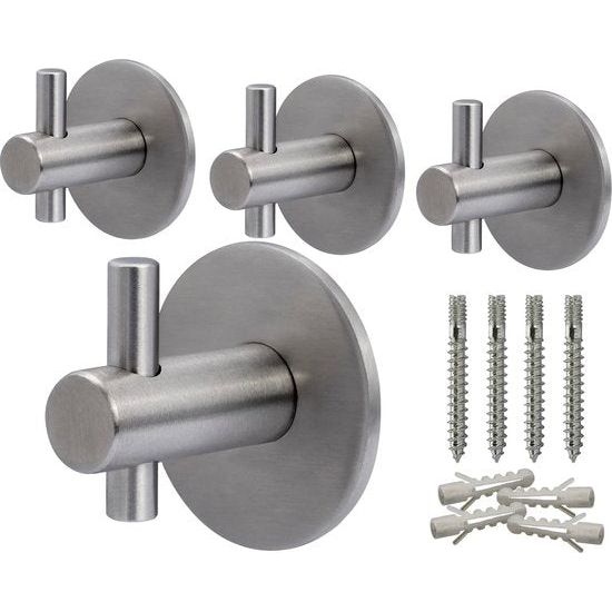 4 x wandhaken, kledinghaken, wandhanddoekhaken, echt geborsteld roestvrij staal, roestvrij, badkamerhanddoekhouder voor wandmontage inclusief montageset, modern, rond, lengte: 25 mm