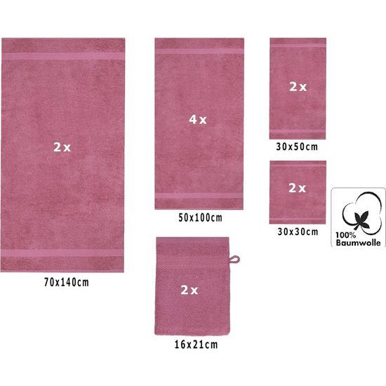 12-delige badstof handdoekenset, 2x lighanddoeken, 4x handdoeken, 2x gastendoekjes, 2x zeepdoekjes, 2x washandjes, bessen