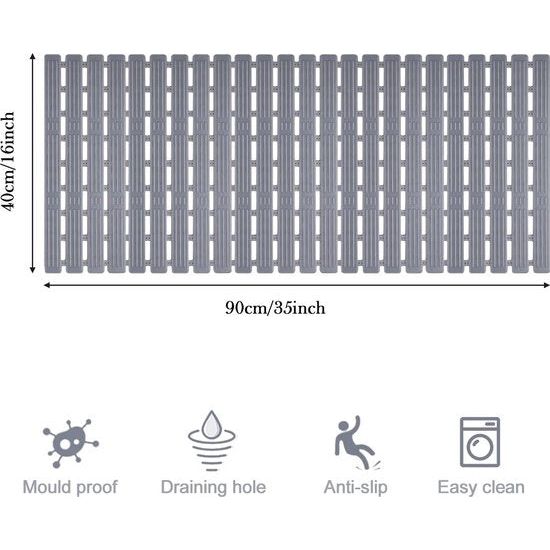 Antislipbadmat 90 x 40 cm: machinewasbare douchemat met zuignappen Opvouwbare veiligheidsbadmat van TPE - antislipmat voor badkuip met snelle afvoer (donkergrijs)