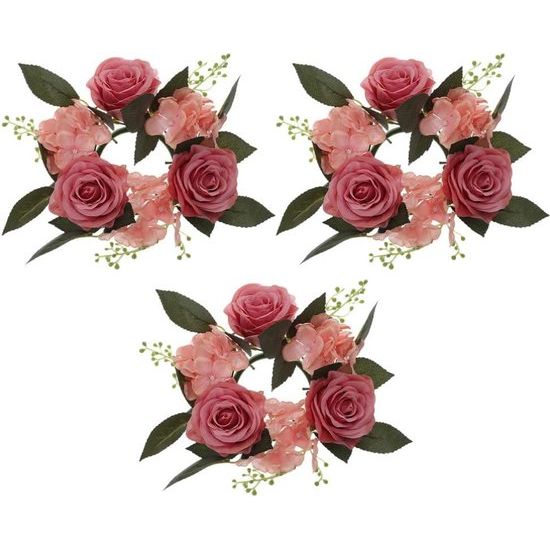 Set van 3 kaarsenringen voor conische kaarsen, rozen kaarsenkrans, bloemenkrans, decoratieve krans, rozenkoppen krans, hanger voor Pasen, bruiloft, Valentijnsdag, middenstukken, tafeldecoratie, roze.