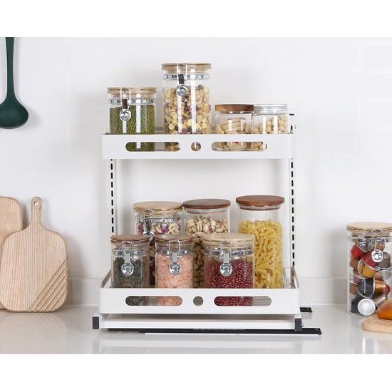 Kruidenrek, werkbladen, verstelbare organizer met schuiflade, onder wastafel, robuust metalen organisatierek