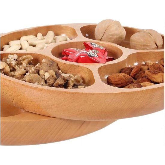Houten aanbevolen bord, 5-voudig dienblad, portiecontrole, kinderbord, stapelbare houten onderroosterschaal, bord voor gedroogd fruit, snacks en fruit (30 cm)