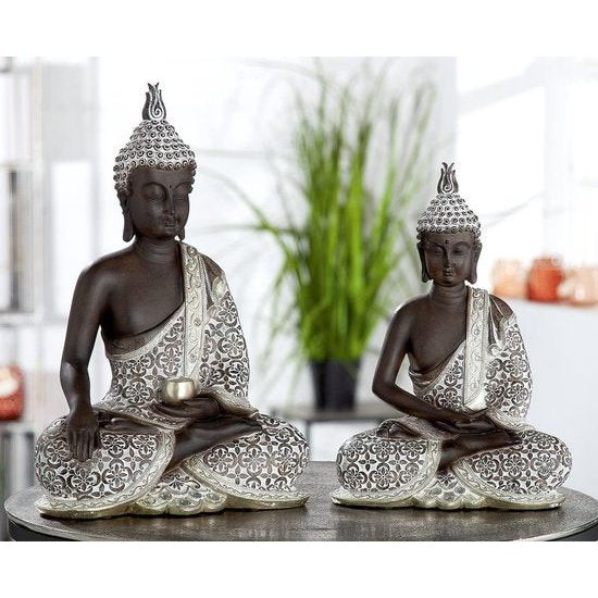 Decoratieve sculptuur van een zittende Boeddha-figuur - meditatie - bruin/wit - hoogte 35 cm.