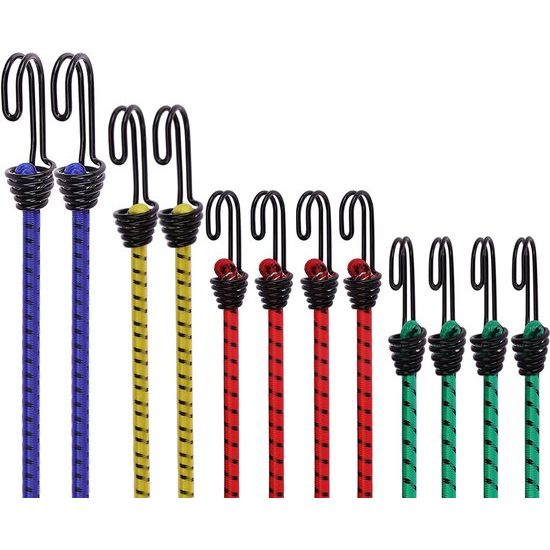 Set van 12 spanrubber-expander met haken, dikke dubbele haken, bagagespanner, spanbanden met haken, 4 maten bungee-koord, spanband voor fiets, transport, camping, ladingbeveiliging, rubberen pander