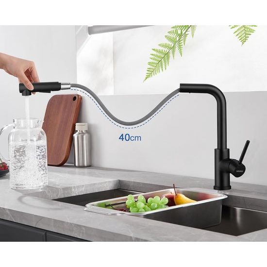 Keukenkraan met sproeier, uittrekbaar, hogedruk waterkraan, keuken, zwart, 360° rotatie, spoelbakarmatuur met douche, twee waterstraalsoorten, keukenkraan van roestvrij staal 304, mengkraan