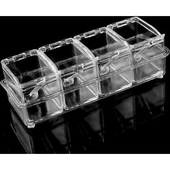 Set van 4 kruidenpotjes met lepels en afdekkingen, kruidenpotjes, keukengerei, transparant