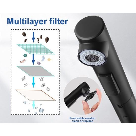 Keukenkraan met sproeier, uittrekbaar, hogedruk waterkraan, keuken, zwart, 360° rotatie, spoelbakarmatuur met douche, twee waterstraalsoorten, keukenkraan van roestvrij staal 304, mengkraan